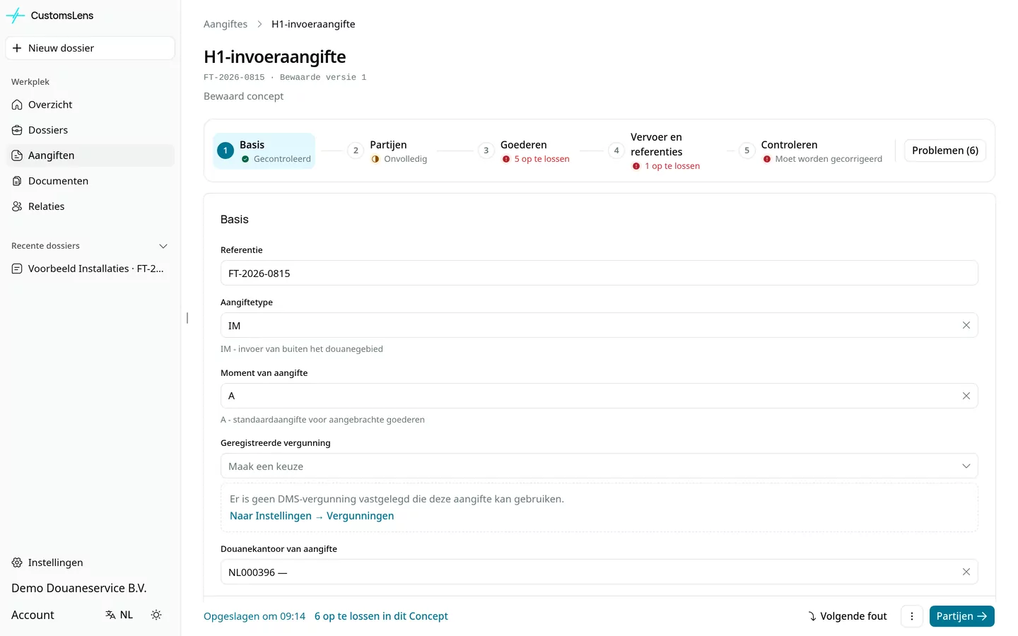 Een concept-invoeraangifte in de echte App, met voorbeeldgegevens.