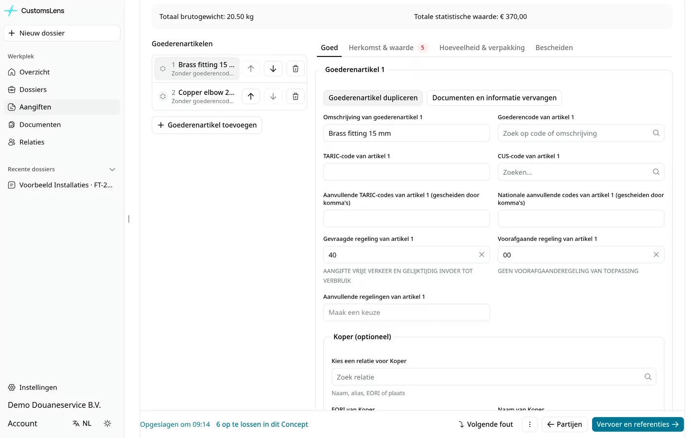 De goederenartikelen van het concept in de echte App, met voorbeeldgegevens. Goederencodes moeten nog worden aangevuld.