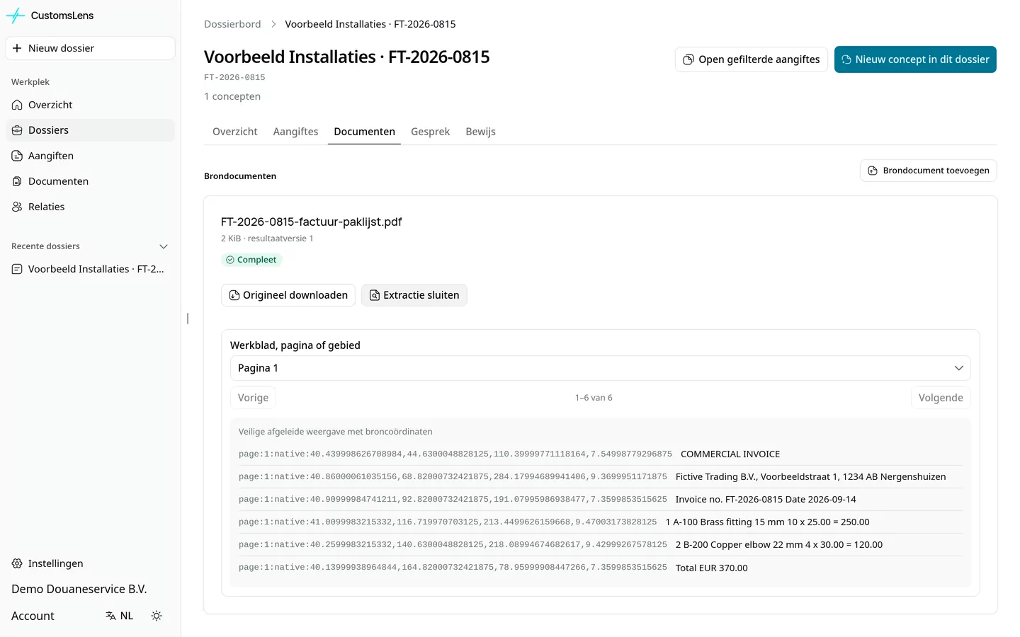 De extractiecontrole van factuur FT-2026-0815 in de echte App, met voorbeeldgegevens.